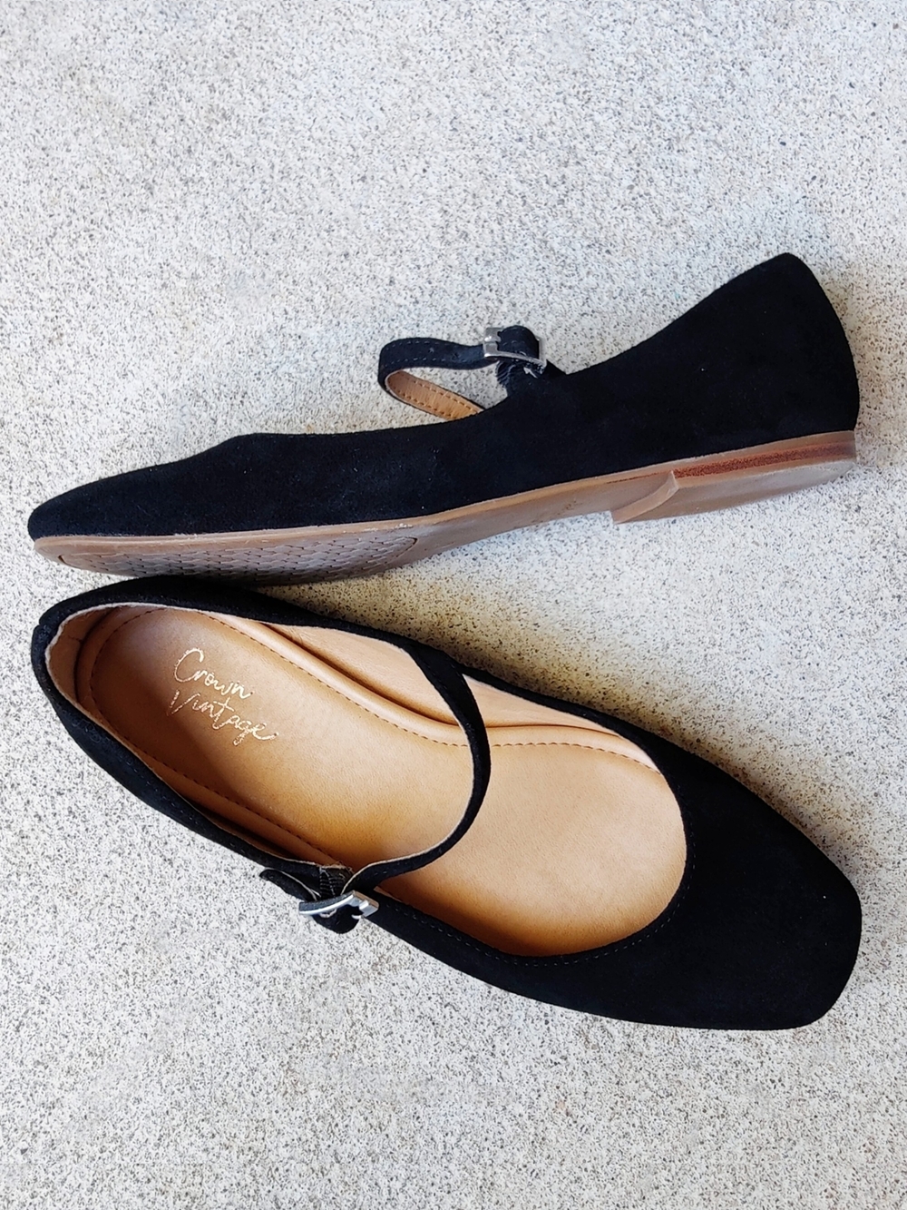 Crown Vintage Black Suede Mary Jane Flats Ankle Strap Size 7.5 - Sillani